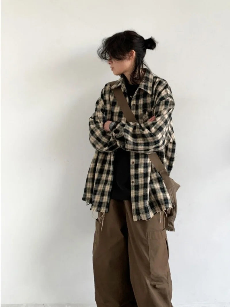 japanese college mens sets rough edge embroidery plaid shirt jackets big pocket retro cargo pants 2 pcs 2024 new casual suits unique cargo style 4437