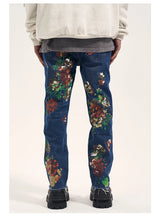 graffiti floral printed denim jean mens new casual zipper biker jeans fashion high street slim fit pants joggers hip hop jeans unique joggers style 1572