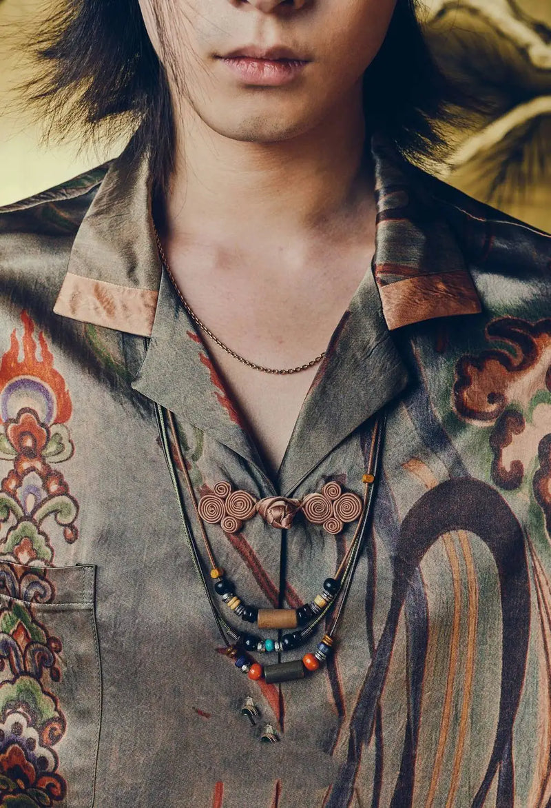 Dunhuang Feitian new Chinese style national trend printed casual short-sleeved shirt 2024 young men and women trendy retro tops