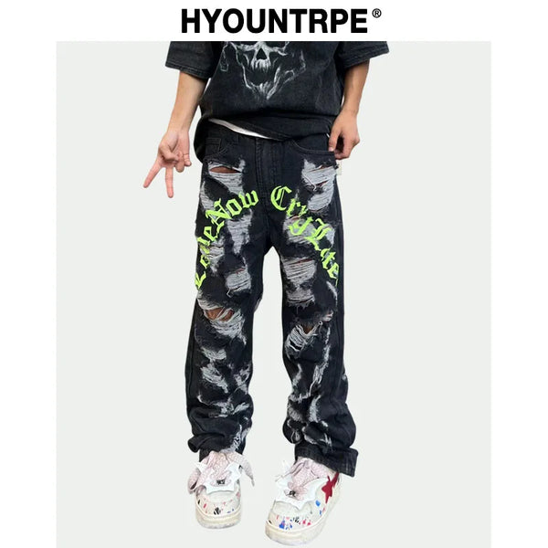 destroy ripped holes front letters embroidery denim jean pants men casual harajuku jean trouser hip hop streetwear pants joggers urban active pants