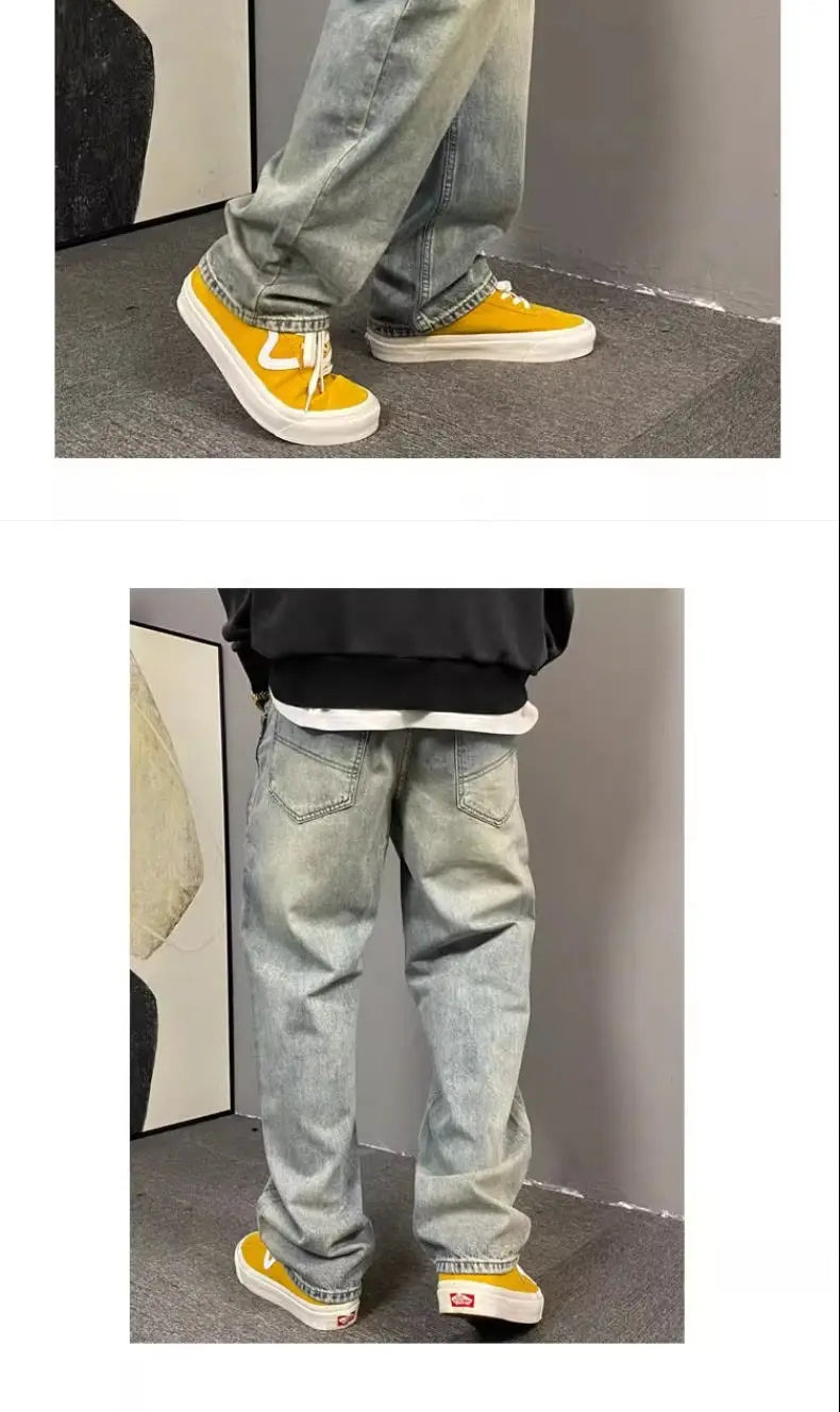 American casual ruffian handsome washed retro zipper jeans men straight loose trendy brand wide-leg trousers men