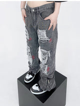 destroy ripped holes patchwork denim jeans men unisex casual rivet bottom zipper trousers jeans streetwear hip hop pants joggers unique joggers style 3639