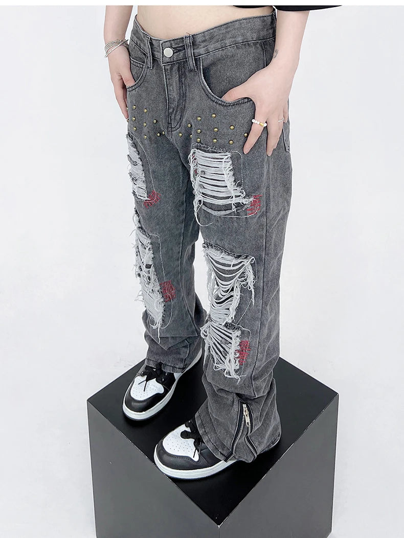 destroy ripped holes patchwork denim jeans men unisex casual rivet bottom zipper trousers jeans streetwear hip hop pants joggers unique joggers style 3639