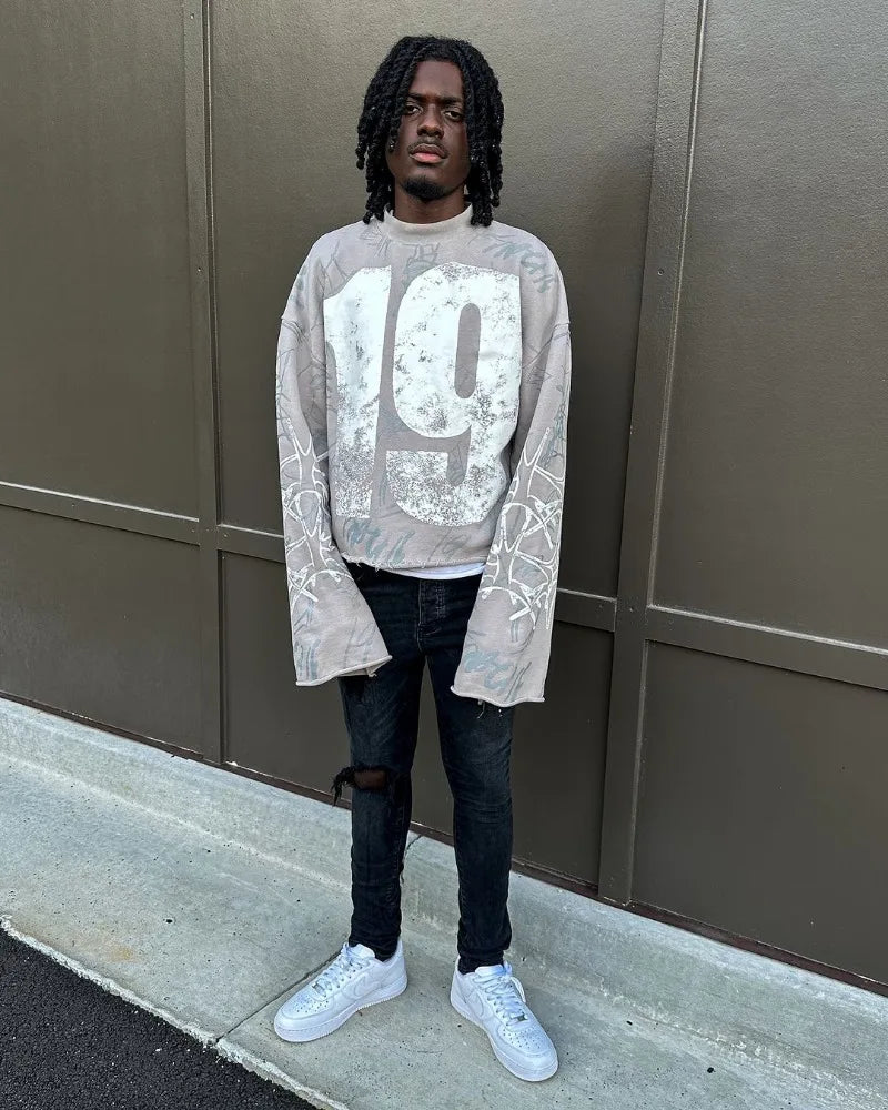 High Street Fashion Distressed Long-sleeved Pullover Men Y2k Harajuku Retro Hip-hop Rock Graffiti Style Oversized T-shirt Women