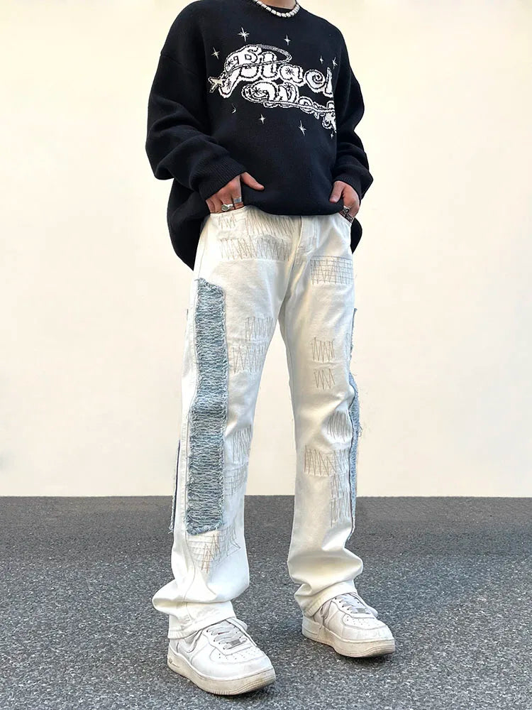 irregular sewing scratched patchwork denim jeans men casual straight biker zipper trousers streetwear hip hop jean pants joggers unique joggers style 3576