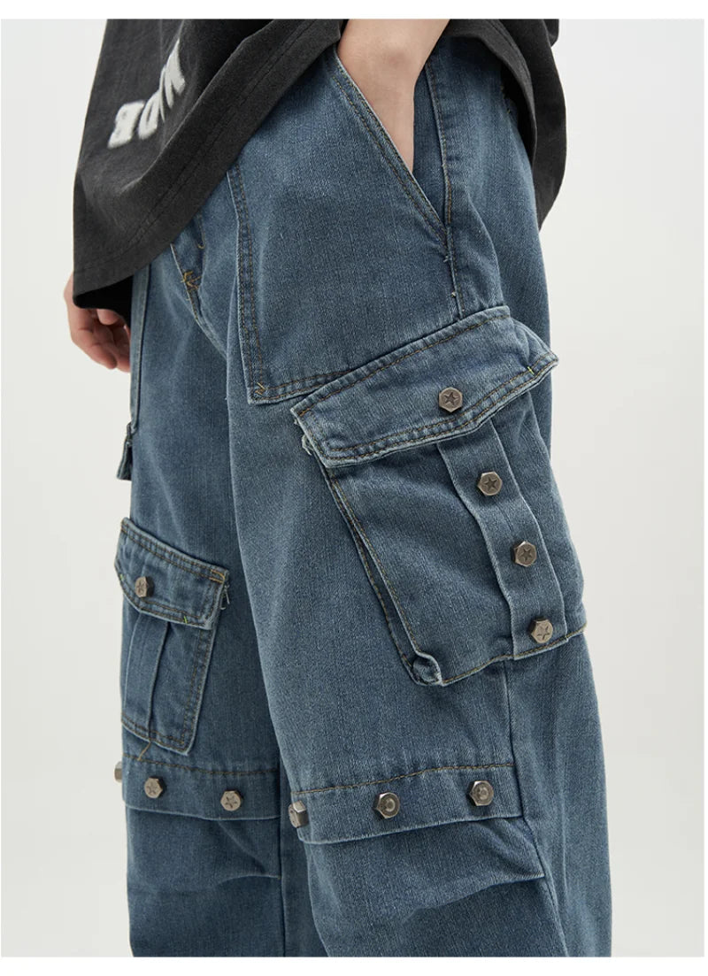punk rivet denim jeans pants mens 2023 harajuku streetwear bottom zipper cotton casual oversize joggers straight pants trousers sporty tapered joggers