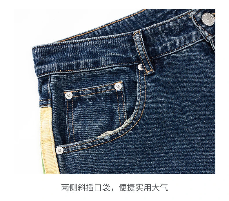 men streetwear fashion side splice hip hop loose casual wide leg straight baggy jeans pant cityboy jeans pants trousers unique jeans style 2596
