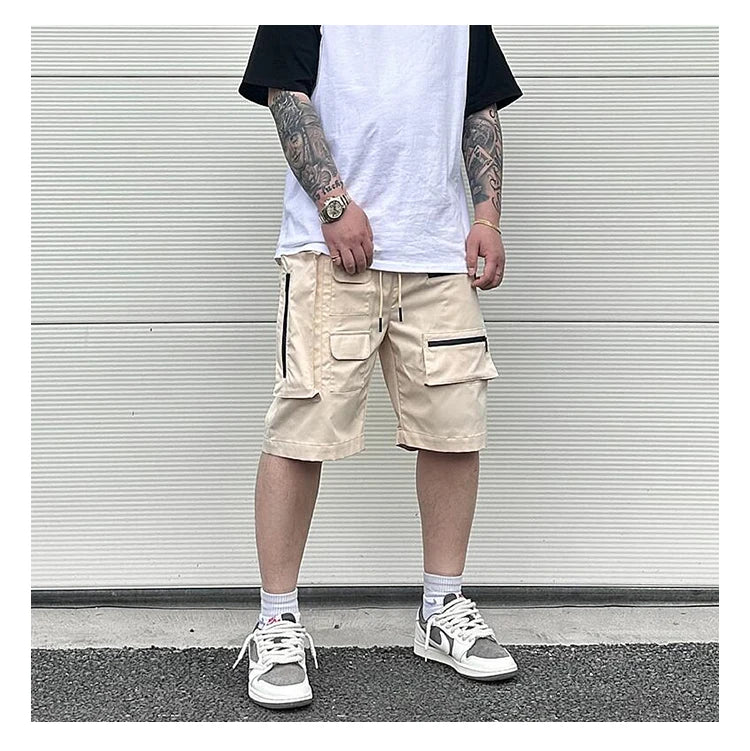 Retro Fashion Vibe Summer Cargo Shorts Functional Pockets Press Glue Zipper Straight Shorts Baggy Casual Split Knee-length