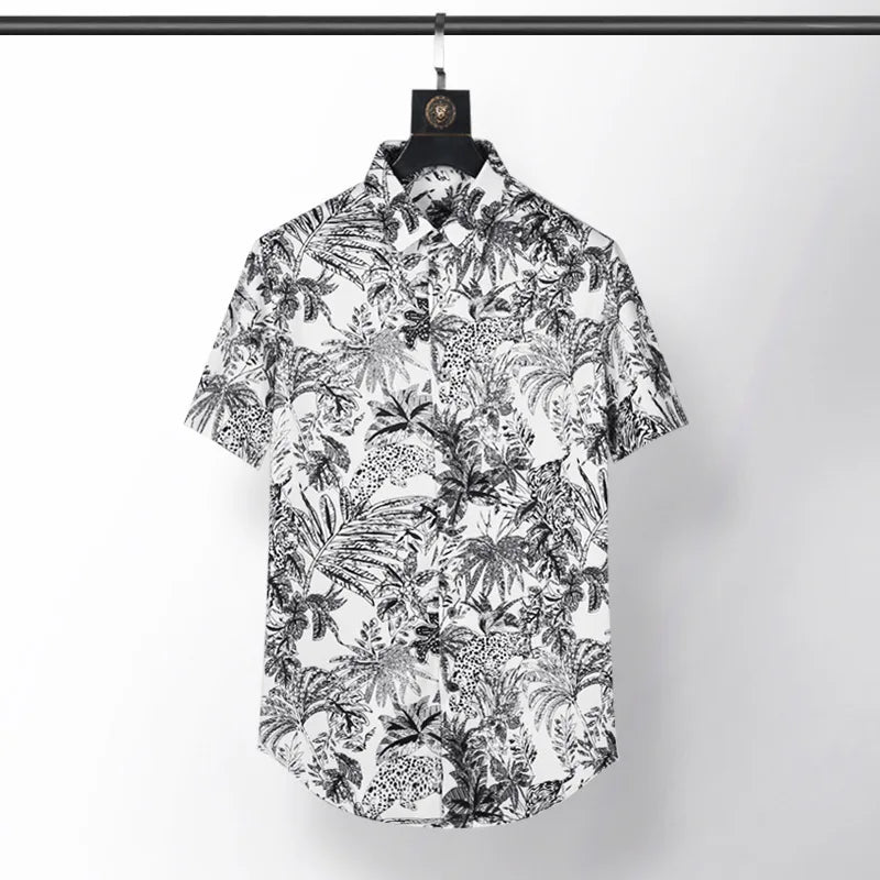 New 2021 luxury Men Classic Sketch jungle Leopard Fashion 50% Silk Casual Shirts Shirt high quality Pocket Short sleeves #A47