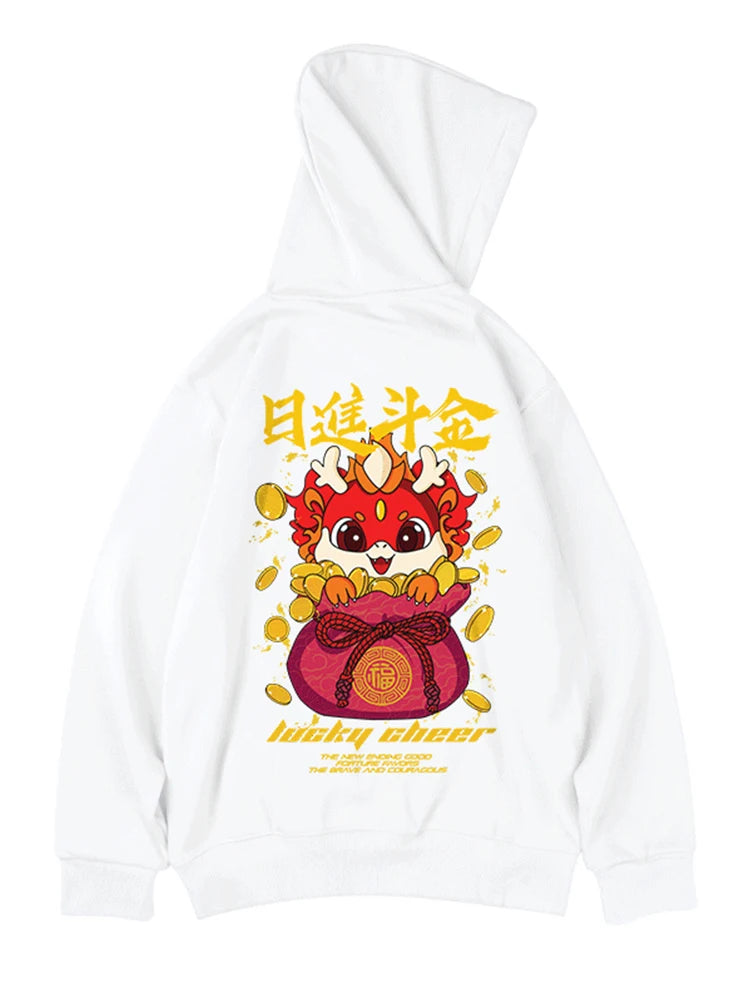 Lucky Cheer Dragon Printed Hoody Man Y2K Streetwear Clothes Fleece Hip