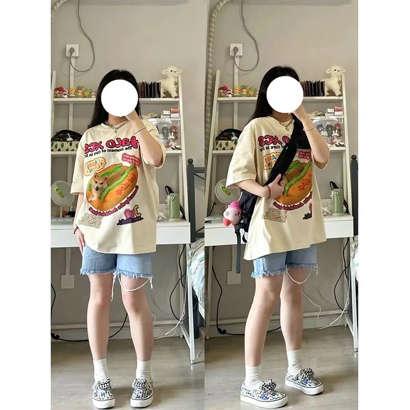 Y2K Graphic Tee – New Apricot American Vintage Creative Animal Hot Dog Cartoon – Modern Streetwear for Everyone