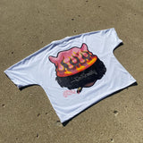 Y2K sticker patch tee with graffiti art and overlay