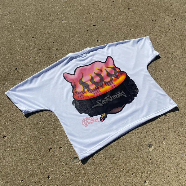 Y2K sticker patch tee with graffiti art and overlay