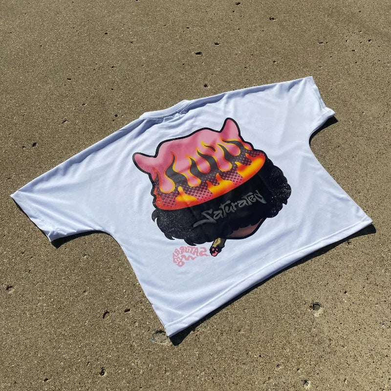Y2K sticker patch tee with graffiti art and overlay