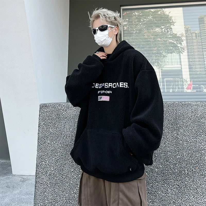 trapwear vintage anime featuring mens fleece hoodies casual letter embroidery hairy oversize harajuku hooded tops hip hop skateboard warm streetwear pullovers