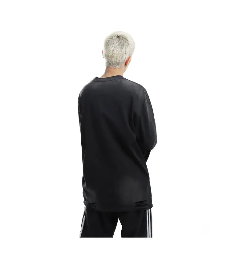 Vaporwave Barcode glitch – Mens Streetwear Hole Washed Cotton Long Sleeve Loose Casual
