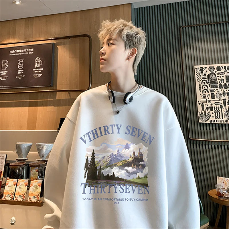 Autumn Oil Painting Landscape Print Cotton Sweatshirt Men Loose Casual Crewneck Pullover Hoodies Korean