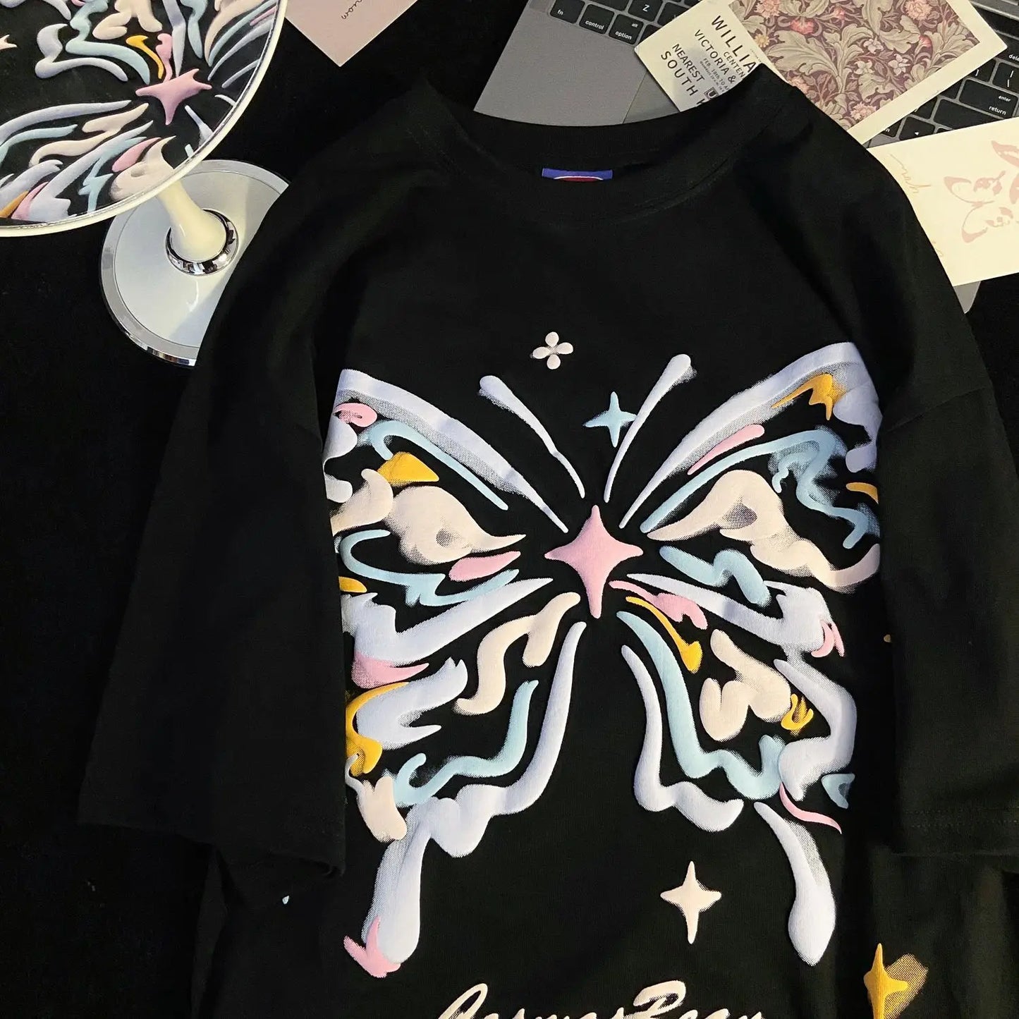 Skatercore Top – Purple Foaming Butterfly Graphic T Shirts Hip Hop Funny – Modern Streetwear for Everyone