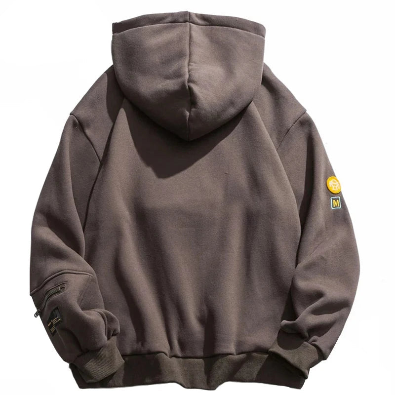 Men Hip Hop Hoodie Streetwear Sweatshirt Zipper Pocket Patches Hoodie 2023 Harajuku Cotton Fleece Hooded Pullover Grey White