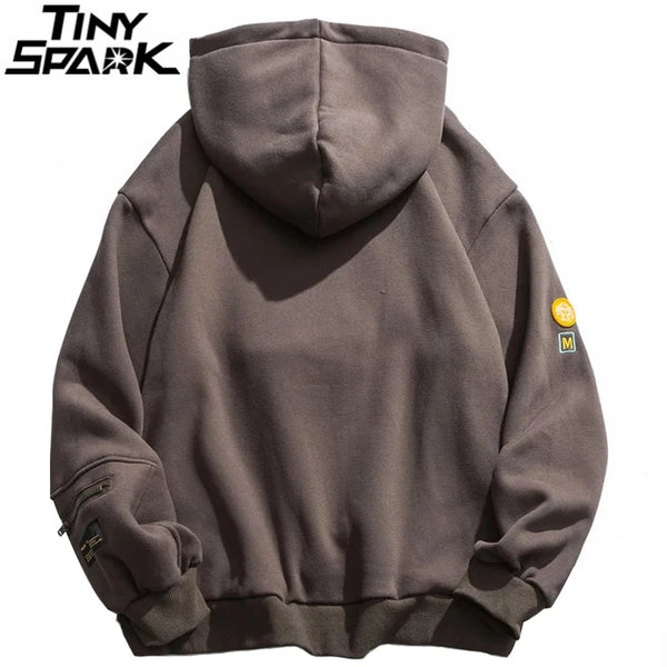 Men Hip Hop Hoodie Streetwear Sweatshirt Zipper Pocket Patches Hoodie 2023 Harajuku Cotton Fleece Hooded Pullover Grey White