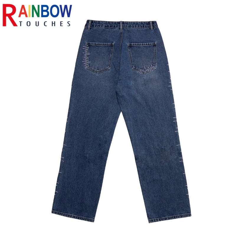rainbowtouches 2022 brand jeans mens high street pants loose straight men jeans retro embroidery fashion mens trousers unisex vintage washed jeans