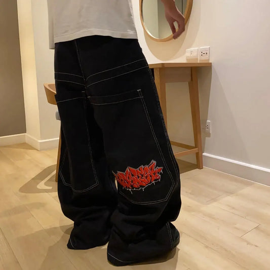 harajuku black wexwear graphic embroidered baggy jeans streetwear y2k jeans men women high waist wide trouser skateboard pants urban skinny jeans