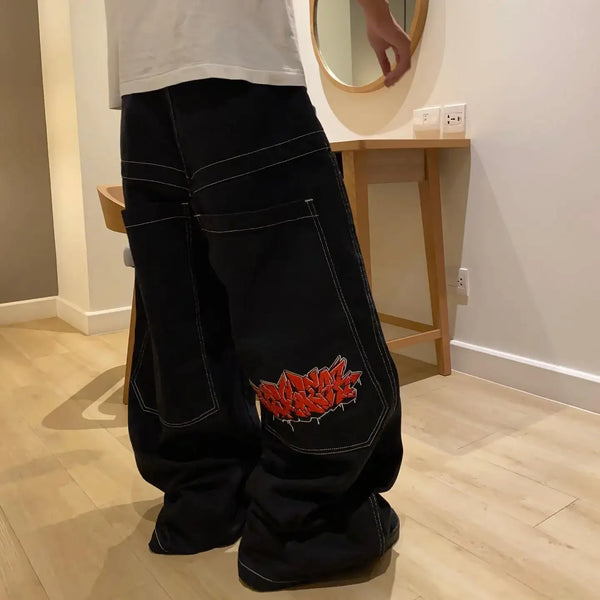 harajuku black wexwear graphic embroidered baggy jeans streetwear y2k jeans men women high waist wide trouser skateboard pants urban skinny jeans