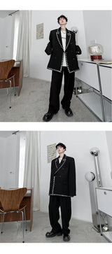 men streetwear fashion loose casual rivet hip hop party dress 2 piece suits blazers jacket pant sets stage clothing costume unique default style 1553