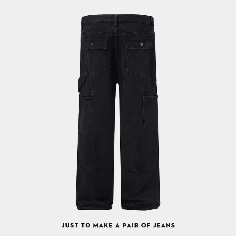 men american streetwear fashion loose casual hip hop wide leg black denim baggy jeans pants man y2k cargo jeans trousers unique cargo style 2323