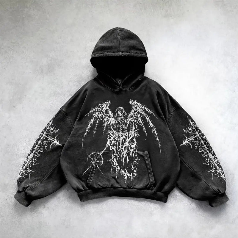 Gothic Retro Oversized Graphic Print Black Hoodies Loose Harajuku Long