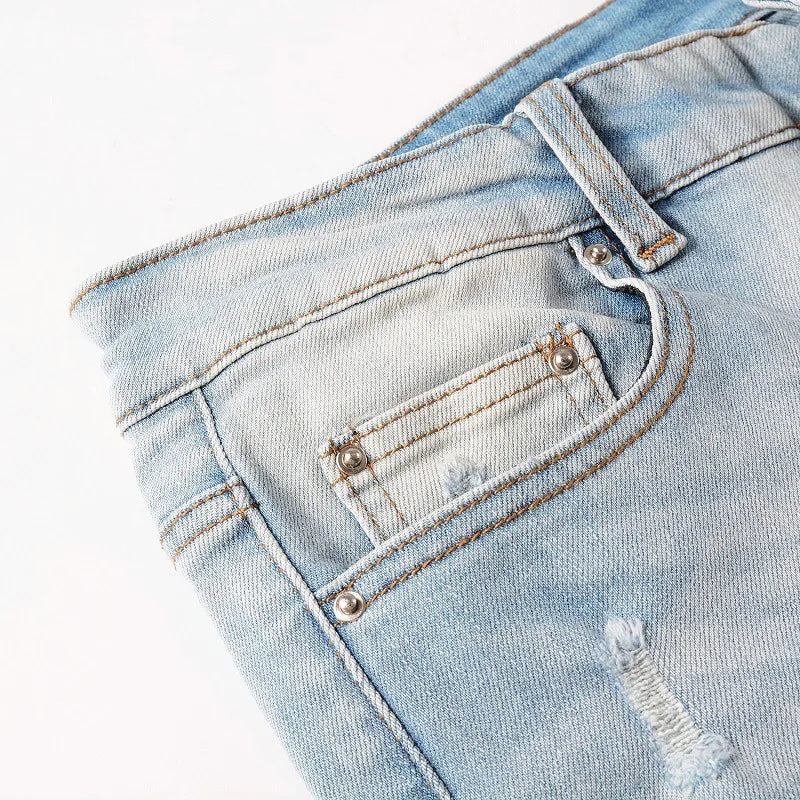 american style high street light blue ripped jeans mens pic slim fit stretch ripped skinny pants unique jeans style 1987