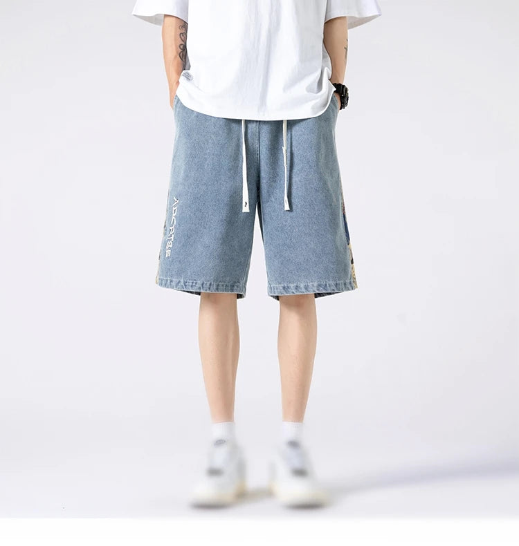 denim shorts mens trendy streetwear washed shorts side embroidery patchwork jeans shorts casual track pants unique jeans style 3278