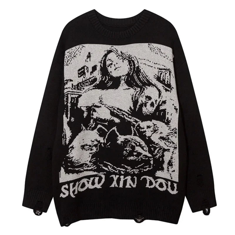 hip hop knitted sweater men winter o neck anime spider web pattern pullover streetwear casual loose sweater warm jumper knitwear 1 unique limited edition hoodie, oversized graphic print design, high quality cotton pullover