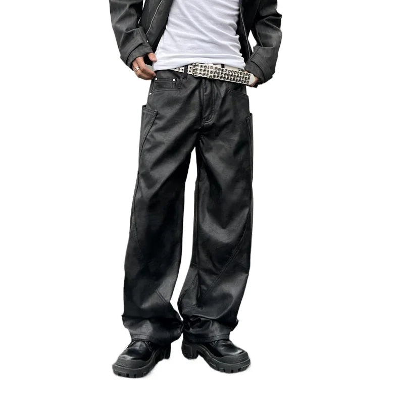 men brand fashion splice pocket loose casual wide leg leather baggy pant cityboy streetwear cargo motorcycle pants trousers unique cargo style 2570