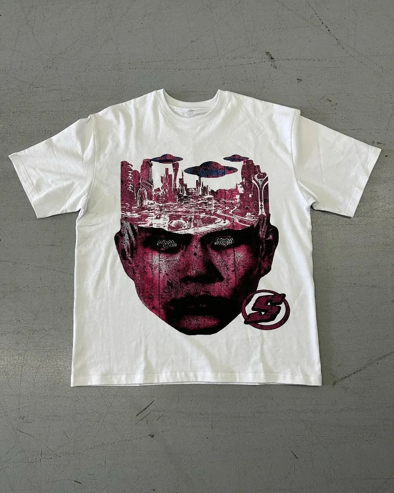 Vaporwave Chrome logo – Y2K Fashionable Gothic Punk Devil Pattern Printed T Shirt Me