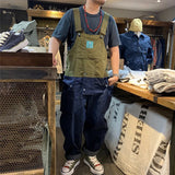 2023 summer cargo overalls pants men patchwork denim jumpsuits loose work pants solid color casual streetwear cargo trousers multi-pocket cargos