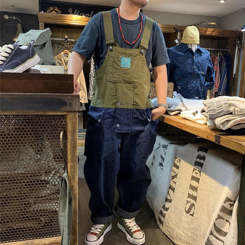 2023 summer cargo overalls pants men patchwork denim jumpsuits loose work pants solid color casual streetwear cargo trousers multi-pocket cargos