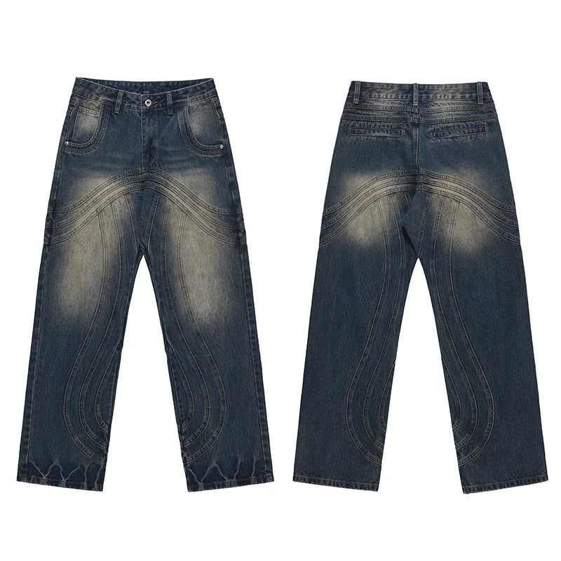 mens retro washed denim jeans loose straight pants 2023 new fashion streetwear trousers hip hop casual zipper jean pants joggers unique joggers style 2479