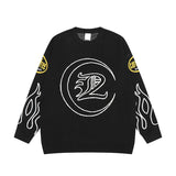 hip hop knitted sweater men letter fire pattern o neck pullover streetwear casual loose sweater unisex harajuku jumpers knitwear high quality cotton pullover, trendy hip hop style outerwear, urban wear with bold artwork
