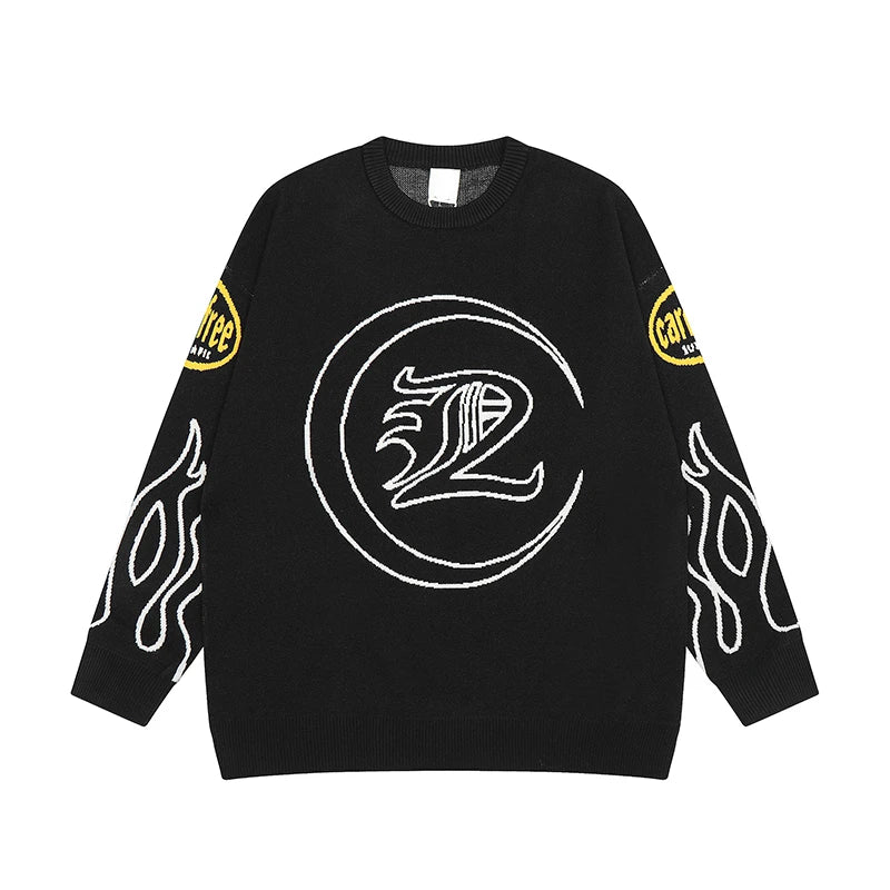 hip hop knitted sweater men letter fire pattern o neck pullover streetwear casual loose sweater unisex harajuku jumpers knitwear high quality cotton pullover, trendy hip hop style outerwear, urban wear with bold artwork