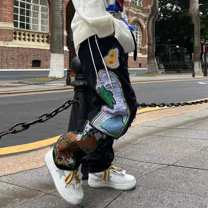 harajuku fashion embroidered patches straight denim pants hip hop washed torn jeans black blue patchwork y2k jeans baggy men stacked flare jeans