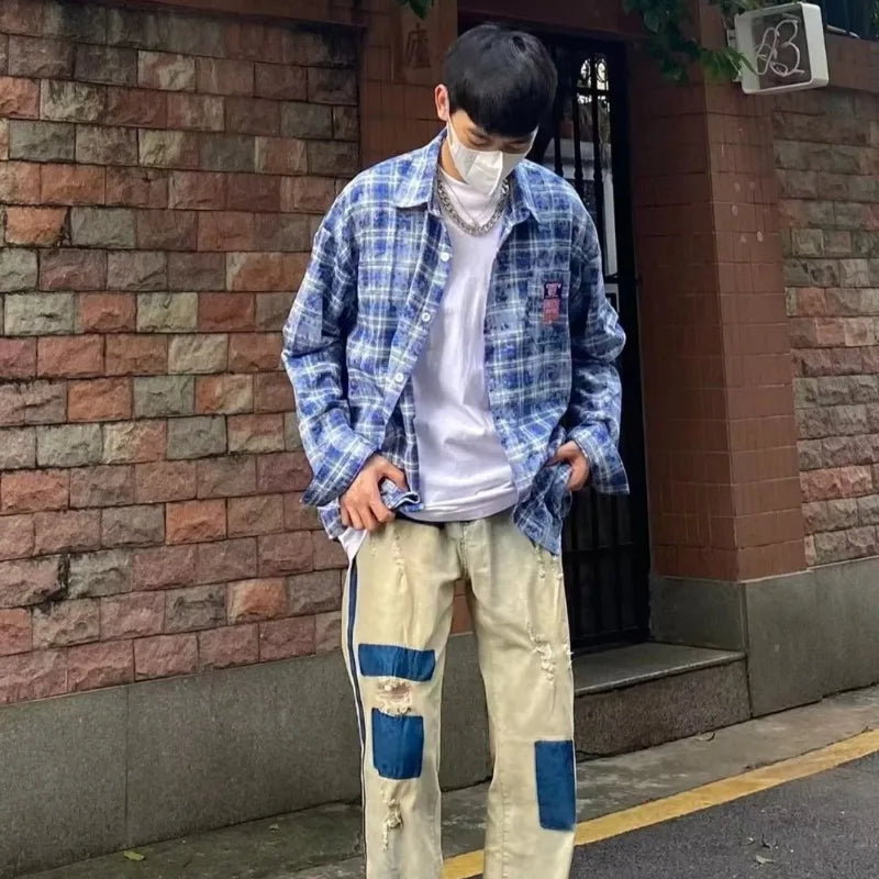 spring street fashion set mens blue plaid printed shirt color blocking trendy jeans 2 pcs set retro college suit male new vintage washed jeans