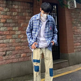 spring street fashion set mens blue plaid printed shirt color blocking trendy jeans 2 pcs set retro college suit male new vintage washed jeans