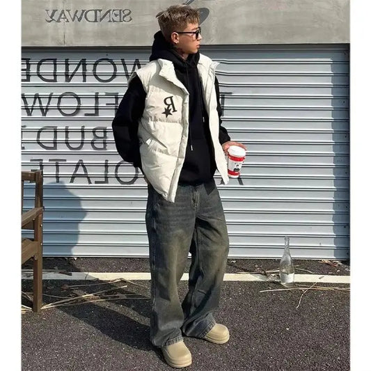 2024 Winter Korean Printed Stand Collar Vest Cotton Jacket New Ins American Street Casual Personality