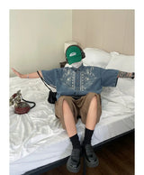 Retro embroidered denim shirts for men and women in summer loose Hong Kong style distressed short-sleeved Polo collar couple top