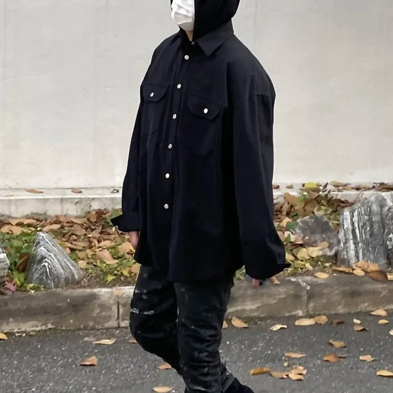 Back Zipper Vibe Style Black Long Sleeve Shirts Jackets for Men Streetwear Y2k Baggy Ropa Hombre Camisas Oversized Loose Coat