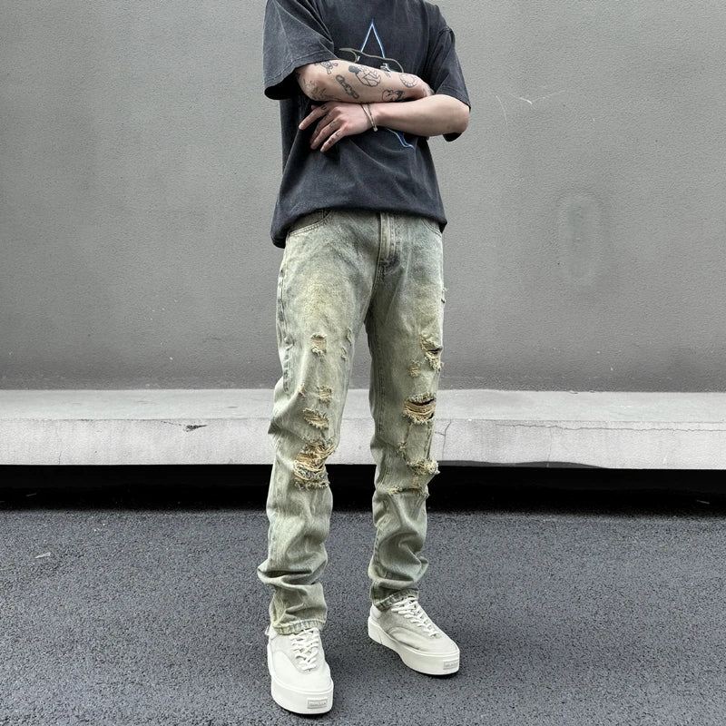 retro washed skinny jeans men pant destroyed ripped holes slim biker zipper jeans trousers fashion streetwear hip hop joggers casual joggers