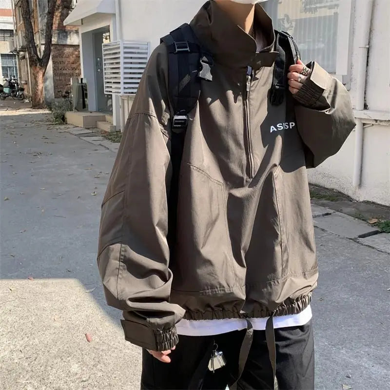 Mens Coat Spring And Autumn Stand Up Collar Half Zipper Oversize High
