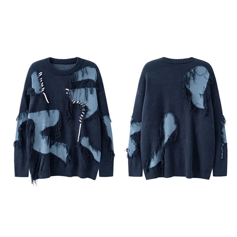 mens knitted sweater fashion tassel irregular block pullovers casual o neck unisex harajuku y2k streetwear loose knit jumpers - 2025 streetwear drop, urban fashion pullover, soft fleece-lined outerwear