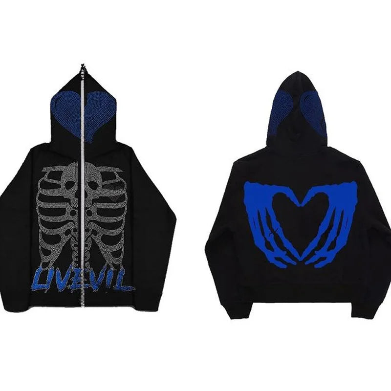 Autumn Winter Zipper Cardigan Skull Heart Shaped Embroidery New Hip Ho